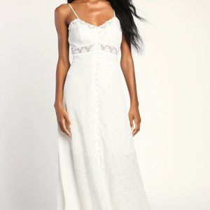 NEW Lulus Classically Elegant White Satin Jacquard Lace Midi Dress Size XS